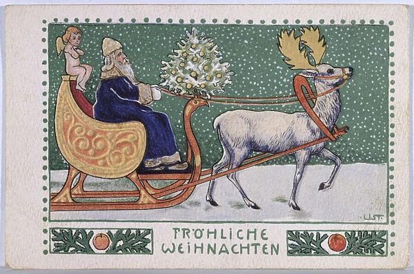 Postcard depicting Father Christmas on his sleigh, c. 1910 (colour litho)