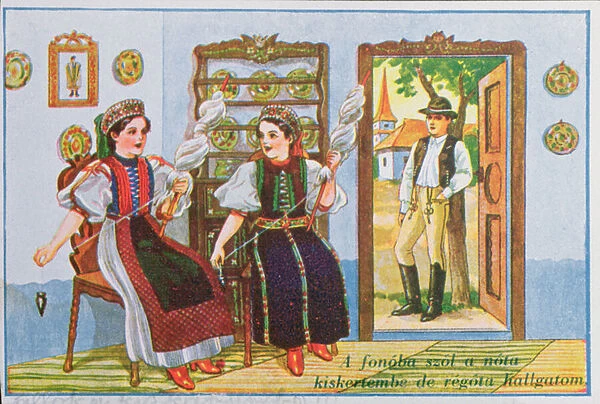 Postcard depicting women in traditional Hungarian dress spinning
