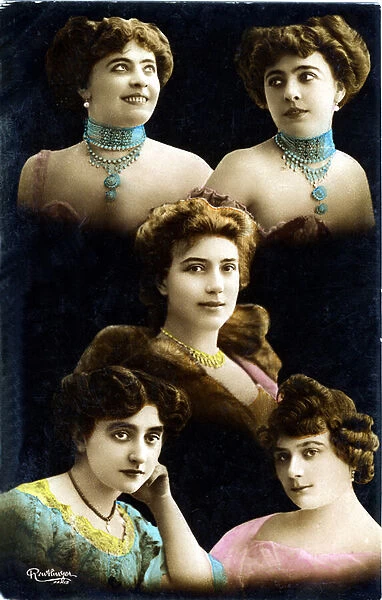 Postcard early 20th century: mosaic of faces of 5 young women (photo)