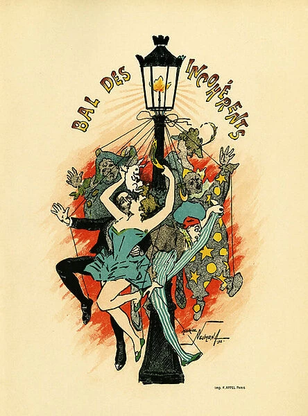 Poster pour le bal des incoherents, bal organized between 1885 and 1896 in Paris as part of the artistic movement launched by Jules Levy in 1882, les arts incoherents, Illustration en lithographie de Maurice Neumont (1868-1930)