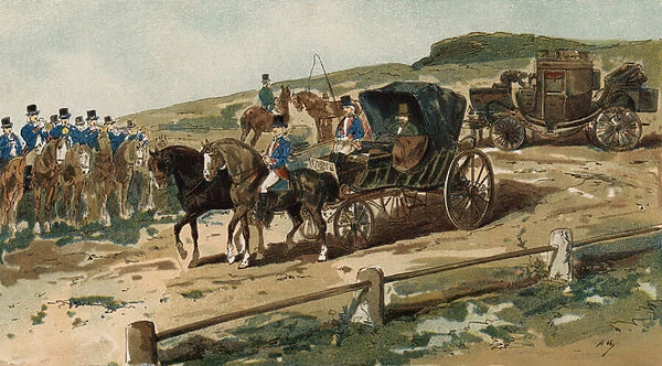 Postilions, carriage and mail coach, Netherlands, 19th Century (colour litho)
