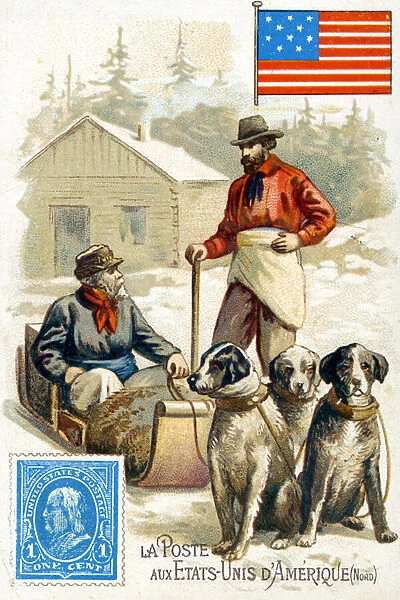 A Postman in the U. S. A delivering mail in winter, late 19th century (colour litho)