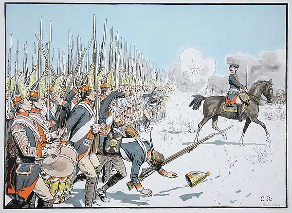 The Potsdam Guard Parade at Leuthen, 5 December 1757 (colour litho)