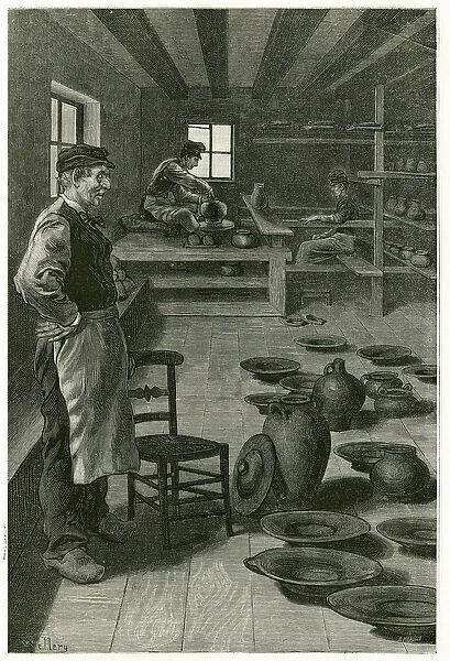 The potter of Terneuzen, in his workshop, clogged with vases and dishes, near the window