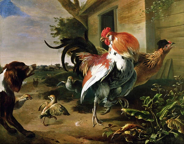 Poultry and Spaniel in a farmyard (oil on canvas)