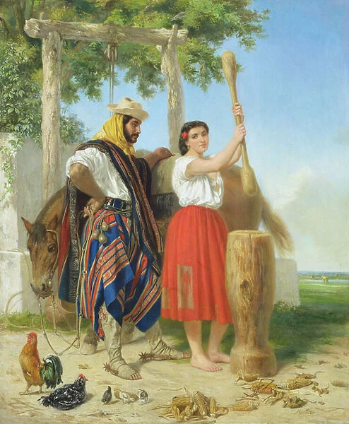 The pounding of the corn; Spanish American Scene (oil on panel)