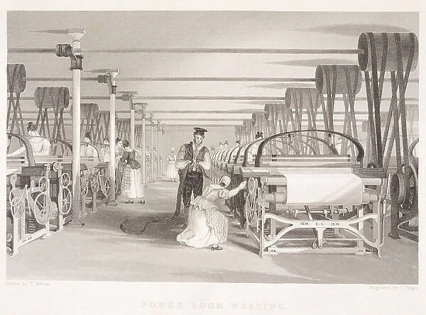 Power Loom Weaving, drawn by Allen T, engraved by Tingle J, 19th century, engraving