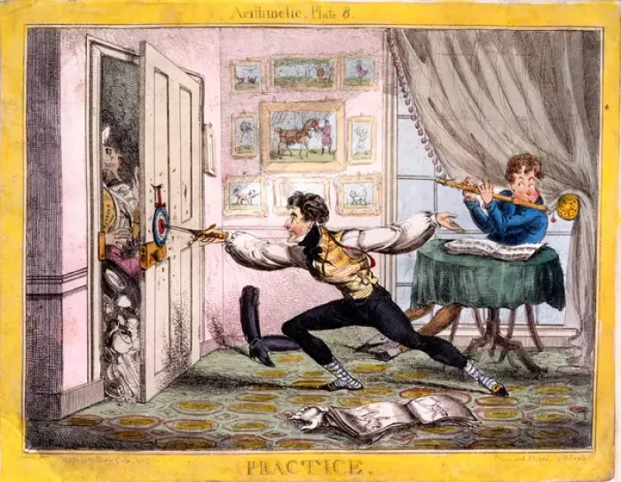 Framed Print : Practice, 1827 (hand-coloured etching) Framed Print : Practice, 1827 (hand-coloured etching)