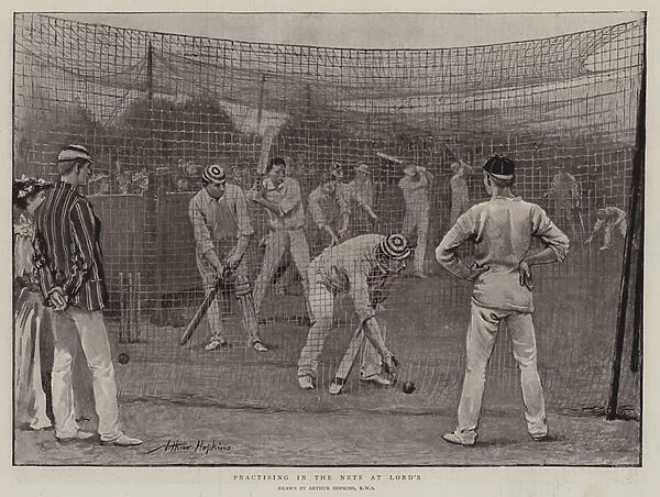Practising in the Nets at Lords (litho)