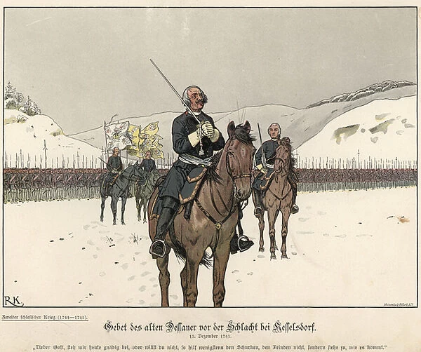 Prayer of Prince Leopold of Anhalt-Dessau before the Battle of Kesselsdorf (colour litho)