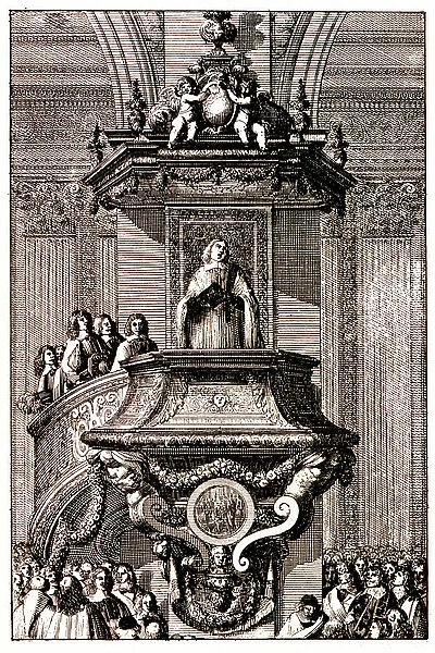 Preacher speaking to the crowd from a pulpit, 1659 (Engraving)