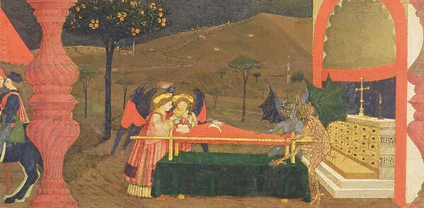 Predella of the Profanation of the Host: The Body of the Jewish Pawnbroker Guarded by Angels and Devils, c. 1468 (tempera on panel) (detail)