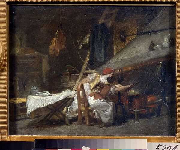 'Pres du poele'(At the stove) Scene dans une cuisine, pres des fourneaux, des cuisinieres surveillent la cuisson d un plat dans une marmite. Peinture de Jean Honore Fragonard (1732-1806). Huile sur toile. Rococo