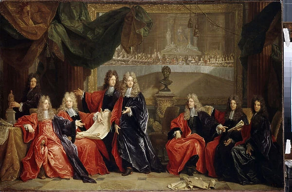 Prevots et magistrats de la ville de Paris discutant du diner de celebration du roi Louis XIV 14 dit le Roi Soleil (1638-1715) a l Hotel de ville apres son retablissement en 1687