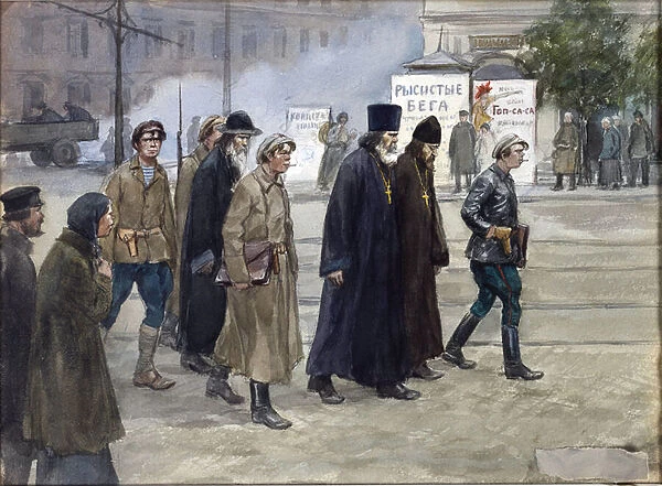 The priests conveyed to judgment by Vladimirov, Ivan Alexeyevich (1869-1947). Watercolour, Gouache on Paper, 1922. Private Collection