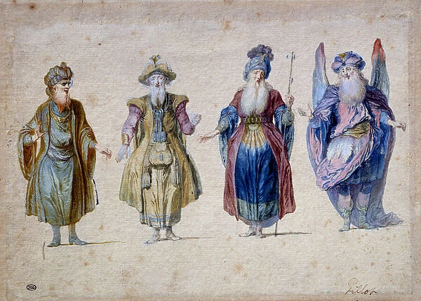 Four priests of theatre Aquarelle by Claude Gillot (1673-1722) Paris, Musee du Louvre