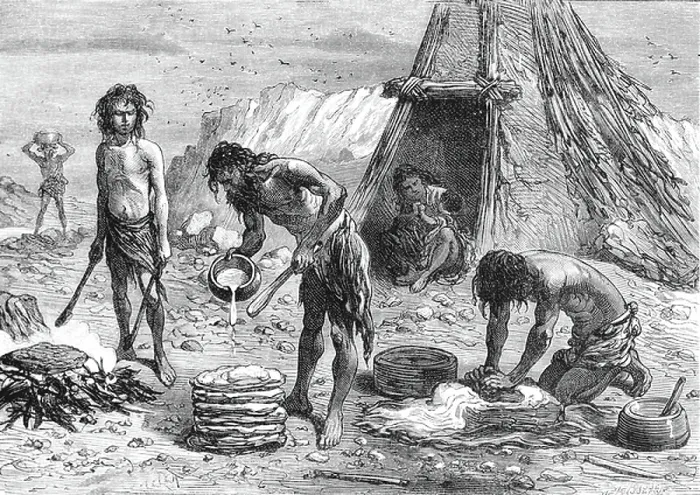 Framed Print : Primitive man makes bread