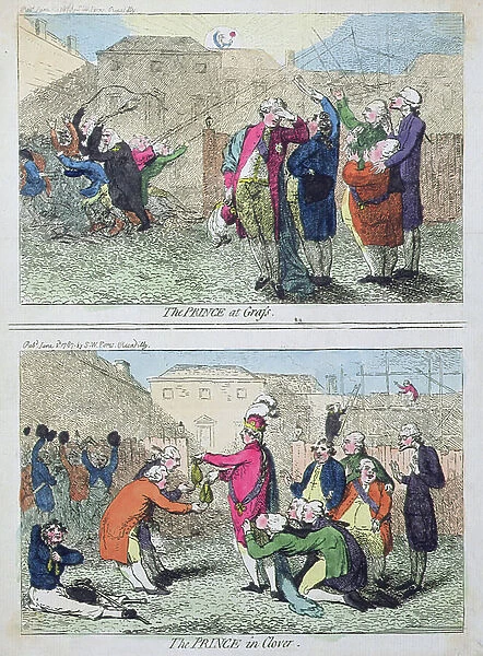 The Prince at Grass and The Prince in Clover, published by S.W. Fores in 1787 (hand-coloured etching)
