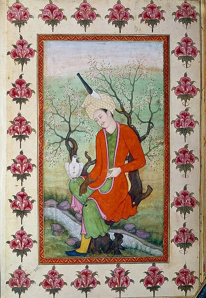 Prince resting while hunting with a hawk. Persian miniature, 18th century. Paris. B N