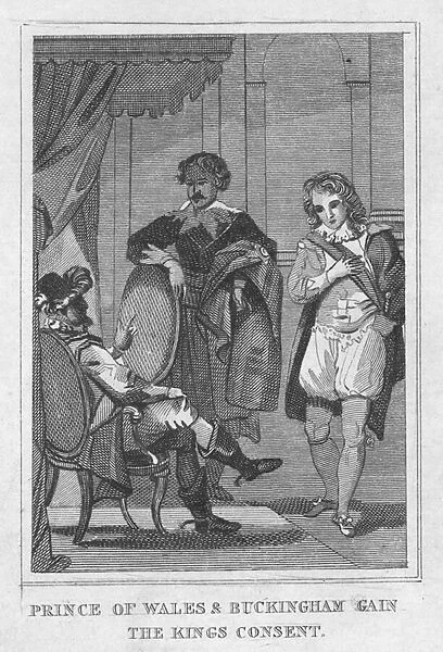 Prince of Wales and Buckingham gain the Kings consent (engraving)