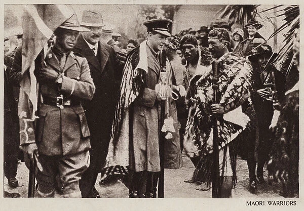 Prince of Wales with Maori warriors, New Zealand (b  /  w photo)