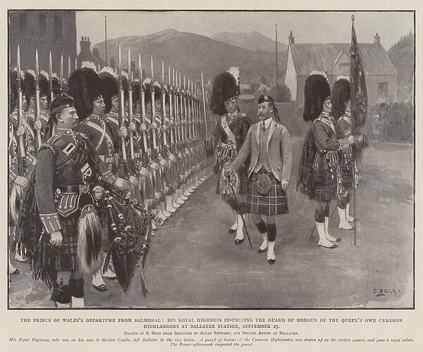 The Prince of Waless Departure from Balmoral, His Royal Highness inspecting the Guard of Honour of the Queens Own Cameron Highlanders at Ballater Station, 25 September (engraving)