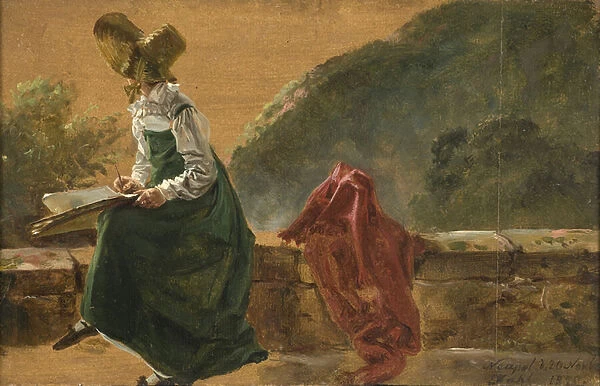 Princess Caroline Amalie Sketching in Naples. Study, 1820 (oil on paper mounted on board)