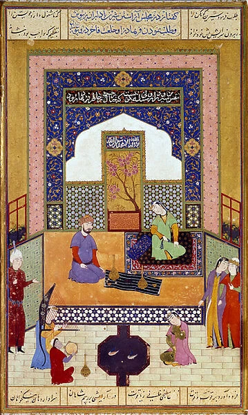 Princess Shirin (Chirin) receives Farhad in her Persian miniature castle illustrating an