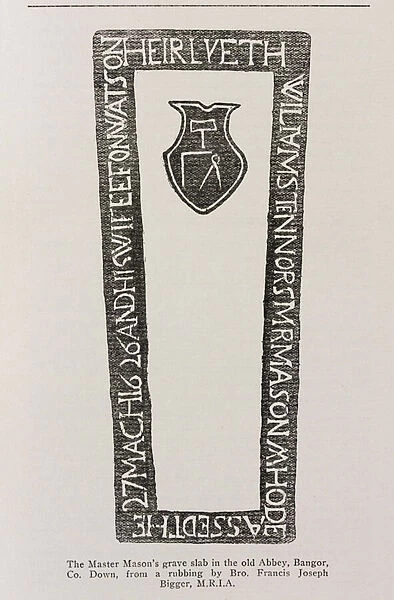 Print from a Master Masons grave slab in the old Abbey, Bangor, Co