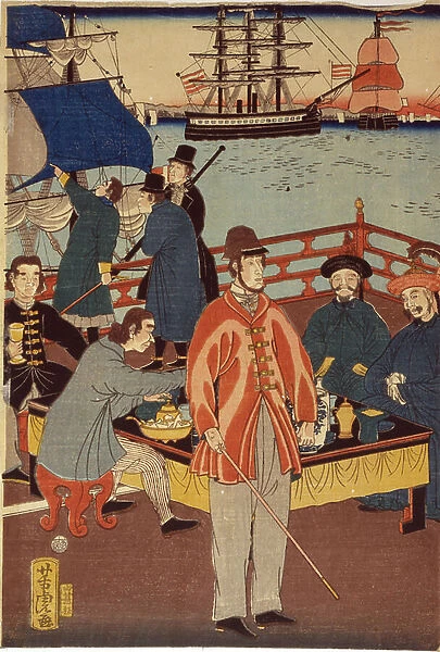 One print of triptych showing European merchants taking refreshment with Japanese. In the background are ships in Yokohama harbour, Japan, 1861. Utagawa Yohsitora (active 1850-1870) Japanese artist. Trade Commerce Ship Sail