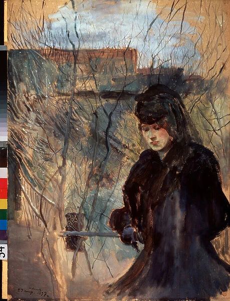 Printemps (Spring) (Une femme vetue de noir, l air melancolique et le regard baisse, accoudee sur une mince barriere) - Oeuvre de Konstantin (Constantin) Andreyevich Somov (1869-1939), aquarelle et gouache sur carton