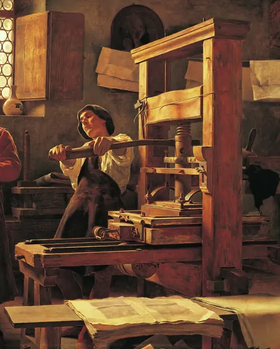 Framed Print : The printer Bernardo Cennini in his workshop, 1906, painting by Tito Lessi (1858-1917), oil on canvas