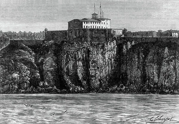 Prison on Ste Marguerite island (Lerins ilsand) France, where French marshal Francois Achille Bazaine was prisoner and from where he escaped, 1874, engraving