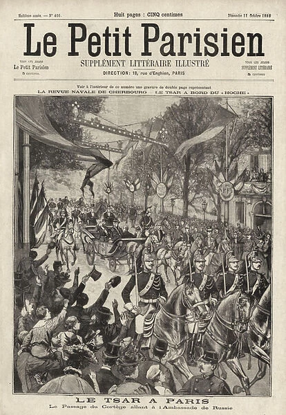 Procession carrying Tsar Nicholas II and Tsarina Alexandra of Russia to the Russian embassy during their visit to Paris, 1896 (engraving)