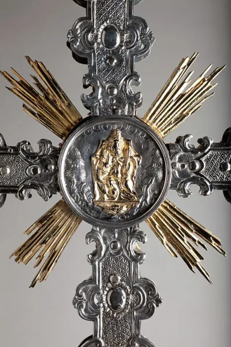 Framed Print : Procession crucifix. Silverwork, gilt silver. Detail. Centre. 18th century