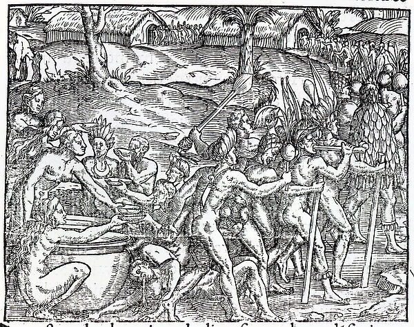 Procession of natives drinking and smoking, engraved by Theodor de Bry (1525-75)
