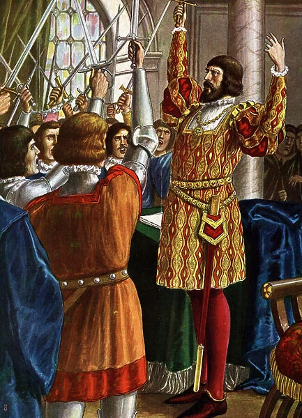 Proclamation of the Ambrosian Republic (Repubblica Ambrosiana), a Republican government created in Milan in 1447 by a group of nobles and jurists of the University of Pavia, Gibelins and Viscontians