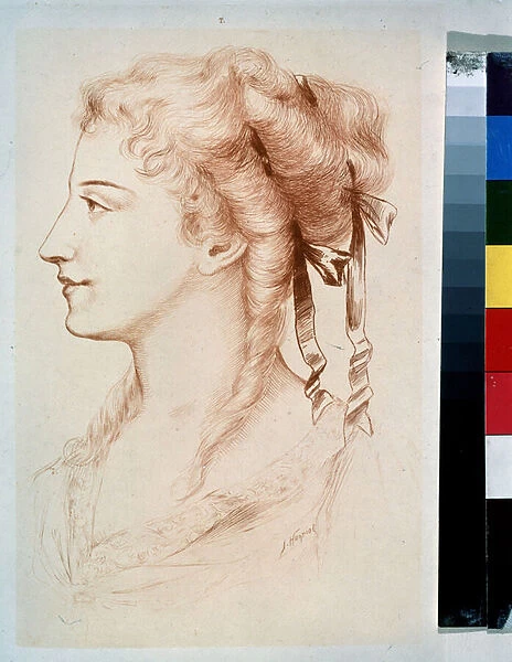 'Profil de jeune dame'(Portrait of a young Lady) Dessin a la plume de Jules Armand Hanriot (1853-1877) 19eme siecle State Open-air Museum Peterhof, Saint Petersbourg