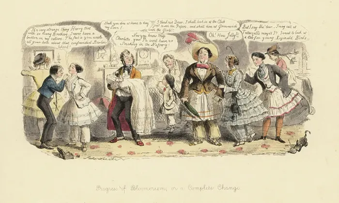 Framed Print : Progress of Bloomerism, or a Complete Change, 1852. Gentleman holding a baby while his wife in skirt and bloomers leaves for her club with her girls. Handcoloured etching by John Leech from Follies of the Year, from Punchos Pocket Books, Bradbury Framed Print : Progress of Bloomerism, or a Complete Change, 1852. Gentleman holding a baby while his wife in skirt and bloomers leaves for her club with her girls. Handcoloured etching by John Leech from Follies of the Year, from Punchos Pocket Books, Bradbury