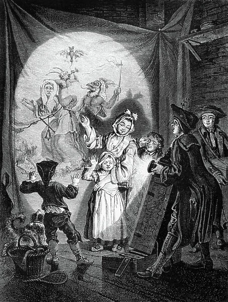 Projection with a magic lantern at 18th century, engraving