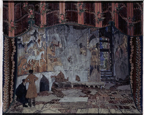 Projet de decor pour la piece L Orage de Alexandre Ostrovski (1823-1886) (Stage design for the Play The Storm by A. Ostrovsky). Deux personnages discutent dans le coin d une chapelle en ruine, dont les murs sont recouverts de fresques