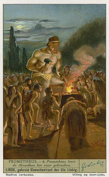 Prometheus teaching man how to use fire (chromolitho)