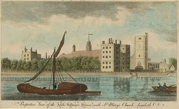 Prospective view of the Archbishops Palace with St Marys Church, Lambeth (coloured engraving)