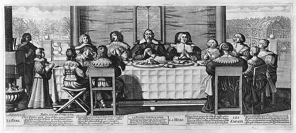 A Protestant family blessing the meal (engraving) (b  /  w photo)