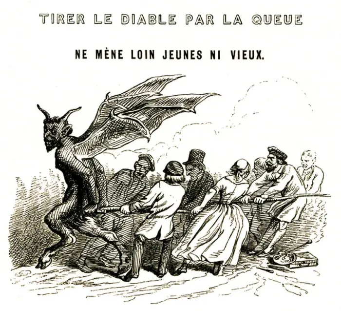 Framed Print : One Hundred Proverbs: Pulling the Devil by the Tail Does Not Go Far Young or Old, 1845 (engraving)