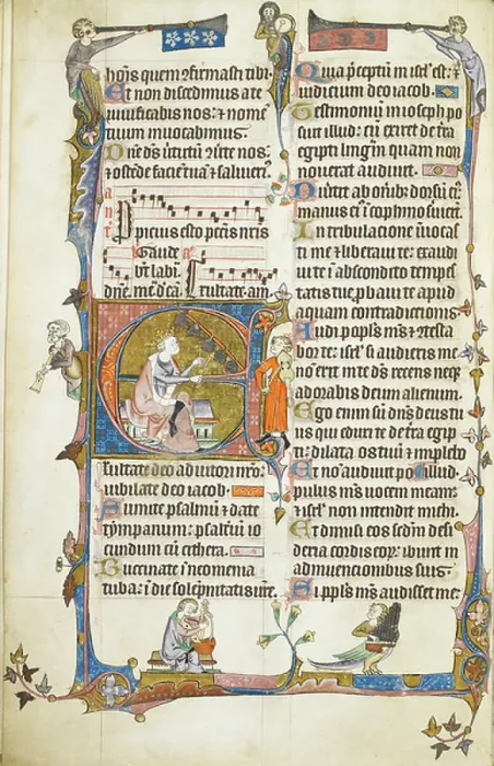 Framed Print : Psalter. Text; Psalm 80, with initial E, king playing bells and a musician playing a fiddle. Musical notation. Decorated borders with musicians
