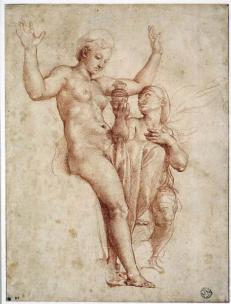 Psyche presenting to Venus the water of the Styx. Drawing a la sanguine by Raffaello