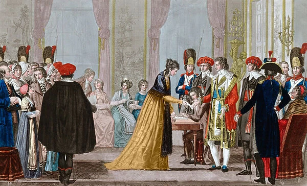 public audience at the time of the Directoire regime in 1795 in France, engraving by Chataignier - 'Un audience publique du Directoire (1795-1798)'