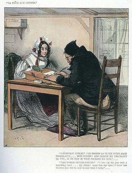 The public letter writer Caricature representing an illiterate young woman using the services of a public writer to write to her lover, she lies saying she wrote the letter itself) Lithography by Paul Gavarni (1804-1866) Private collection