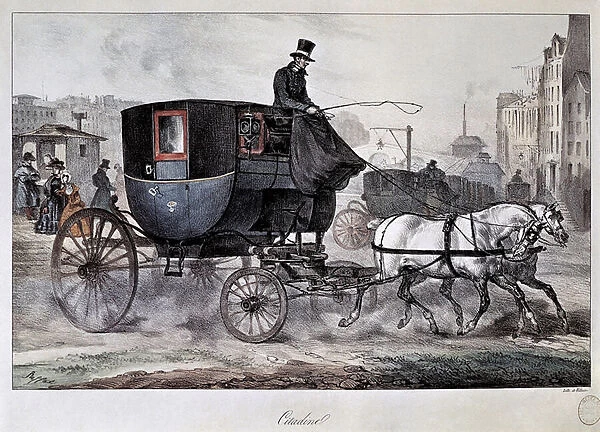 Public transport in the 19th century: a cab in the streets of Paris (coloured engraving)